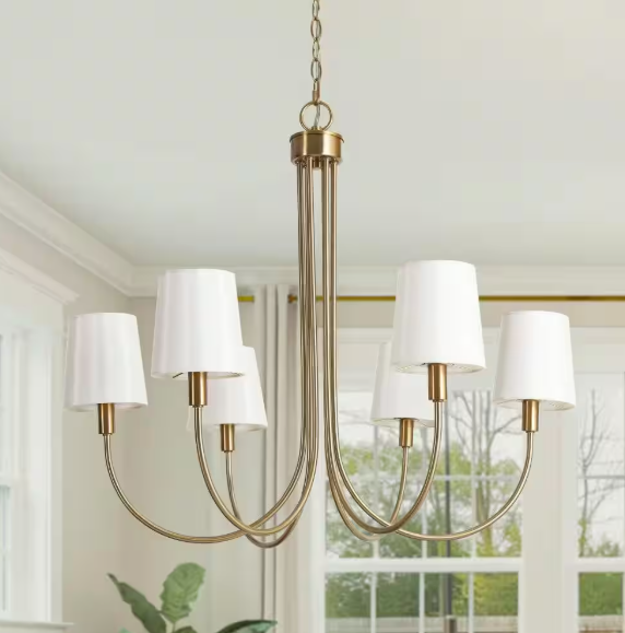 Zevni 28.5 in. 6-Light Transitional Plated Brass Linear Chandelier, Modern Vintage Fabric Shade Dining Room Chandelier Z-C77REJBI-4717