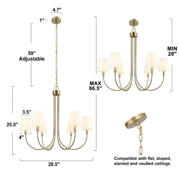 Zevni 28.5 in. 6-Light Transitional Plated Brass Linear Chandelier, Modern Vintage Fabric Shade Dining Room Chandelier Z-C77REJBI-4717