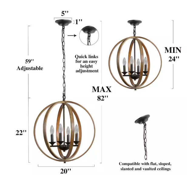 LNC Farmhouse Black Chandelier Globe Cage Candlestick 4-Light Rustic Island Pendant Chandelier with Faux Wood Accent INFUQQHD13520U6