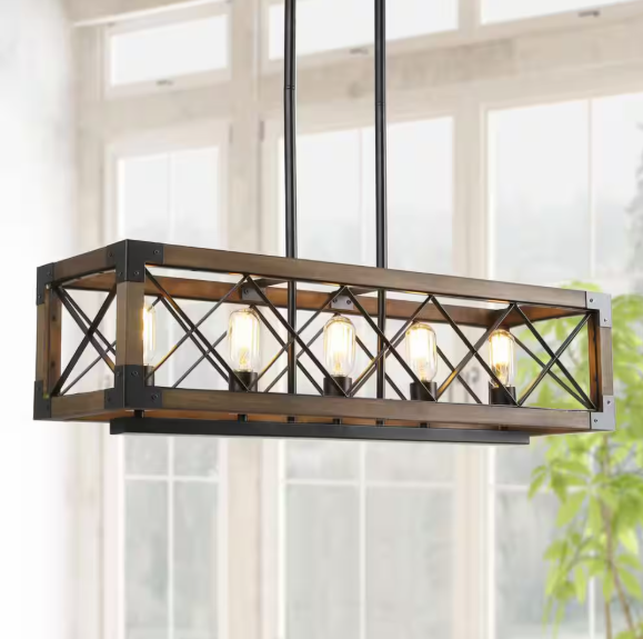 LNC Colorado Modern Farmhouse 5-Light Rectangular Box Black Dining Room Chandelier LL7NB3HL13529AQ