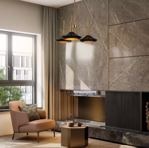 LNC Mid-Century Island Chandelier Modern 3-Light Black and Brass Dining Room Hanging Pendant Light with Bell Metal Shades LMUEFVB85C328C