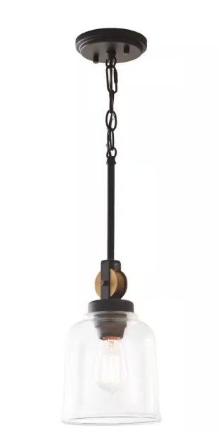 Home Decorators Collection Knollwood 7 in. 1-Light Black Bronze Vintage Brass Accents Industrial Mini Pendant Light for Kitchen 7994HDCBBDI