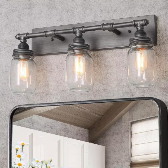 LNC Laurel 24.4 in. 3-Light Black Bath Vanity Light Brushed Weathered Iron Graphite Wall Sconce with Mason Glass Jar Shades