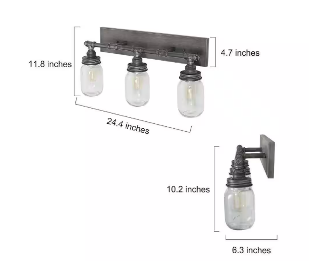 LNC Laurel 24.4 in. 3-Light Black Bath Vanity Light Brushed Weathered Iron Graphite Wall Sconce with Mason Glass Jar Shades