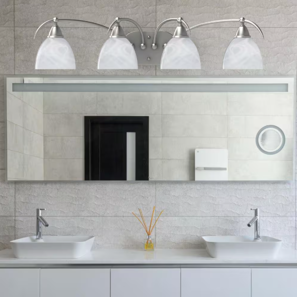 Volume Lighting Kora 30.75 in. 4-Light Brushed Nickel Indoor Vanity Light with Alabaster Glass Shades V2614-33