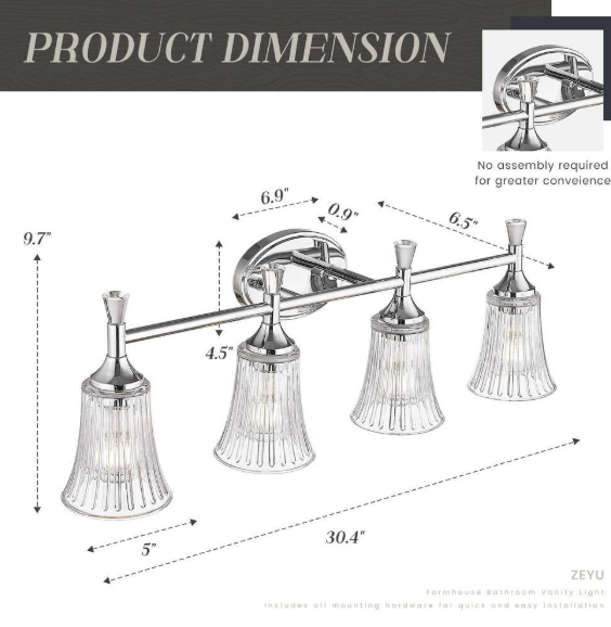 ZACHVO 30 in. Modern 4-Light Chrome Finish Vanity Lighting Fixtures with Bell Shaped Fluted Glass HDZSL87B-4W CH