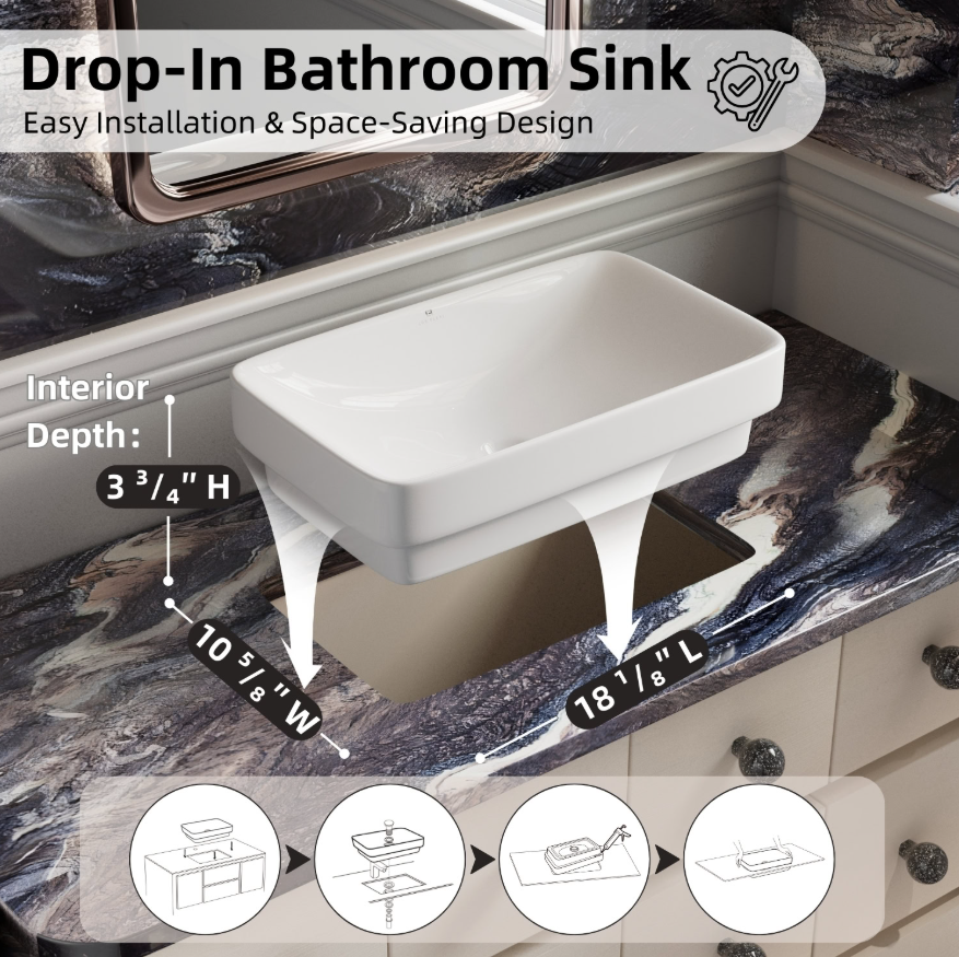Los Flexi Rectangular Drop-In Bathroom Sink Without Overflow 19″L x 12″W