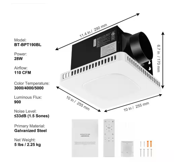 SKYSHALO- Bathroom Exhaust Fan 110 CFM Ceiling No Cut Installation Ventilation Bathroom Exhaust Fan with Low Noise, ENERGY STAR