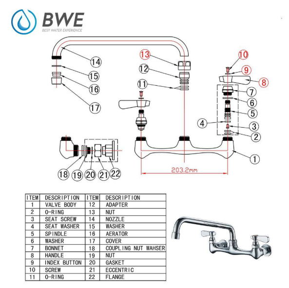 BWE 2-Handle Wall Mount Kitchen Faucet With 8 Inch Swivel Spout 8" Center In Polished Chrome