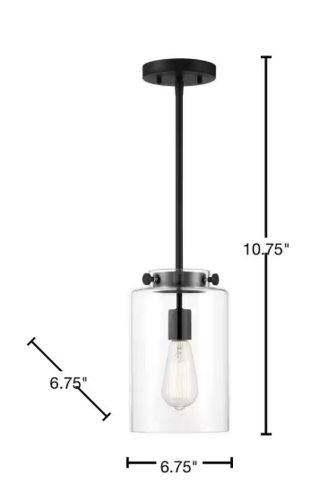 Hampton Bay Mullins 6.75 in. 1-Light Coal Contemporary Mini Pendant Light with Clear Glass Shade, Pendant Light for Kitchen 25228