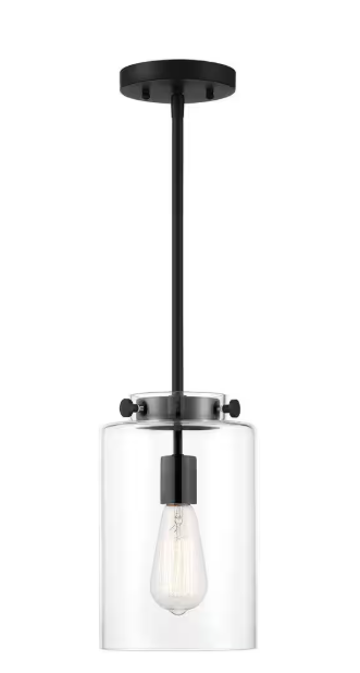Hampton Bay Mullins 6.75 in. 1-Light Coal Contemporary Mini Pendant Light with Clear Glass Shade, Pendant Light for Kitchen 25228
