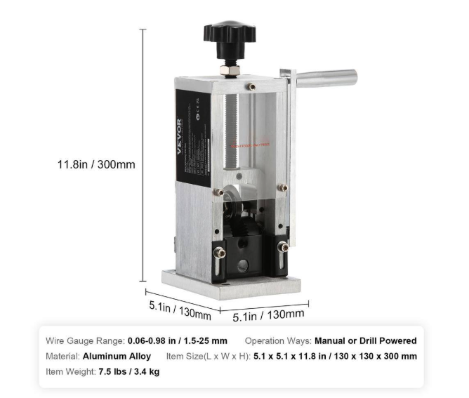 VEVOR Manual Wire Stripping Machine 0.06in. to 0.98in. Portable Copper Peeler with Hand Crank Drill for Scrap Copper Recycling BXJYSS11525MMZ4Z6V0
