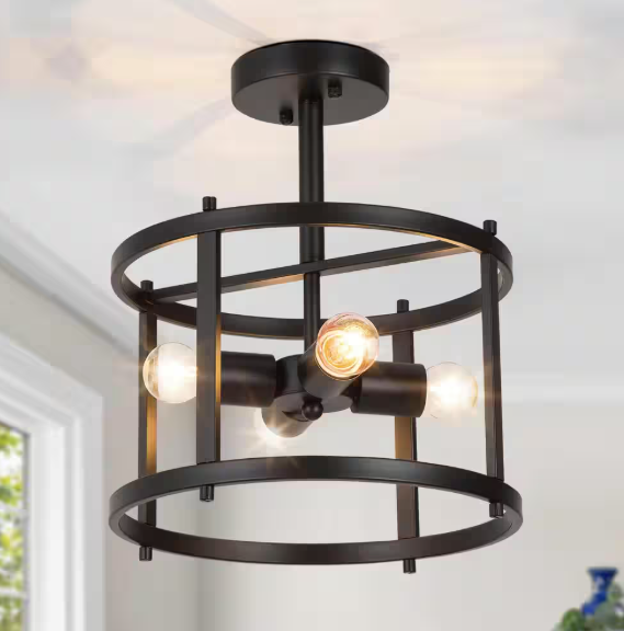 LNC Black Semi Flush Mount Rustic 4-Light Drum Farmhouse Ceiling Lights Bronze Bedroom Ceiling Light Fixtures A02969