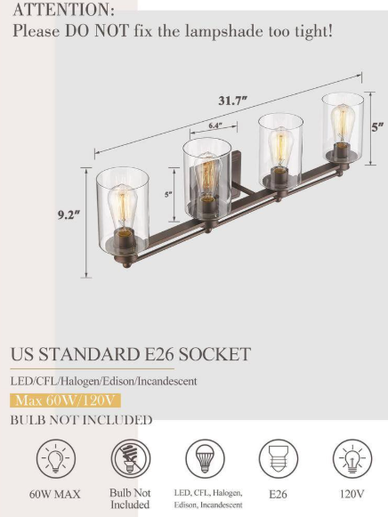 JAZAVA Farmhouse 31.7 in. 4-Light Oil-Rubbed Bronze Bathroom Vanity Light with Clear Glass Shades HD5HLT63B-4WORB