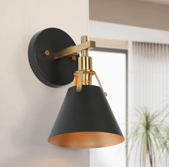 LNC Classic 6 in. 1-Light Black Wall Sconce with Open Bell Metal Shade and Plated Brass Finish Vintage Bathroom Vanity Light 2QB3UVHD14733S7