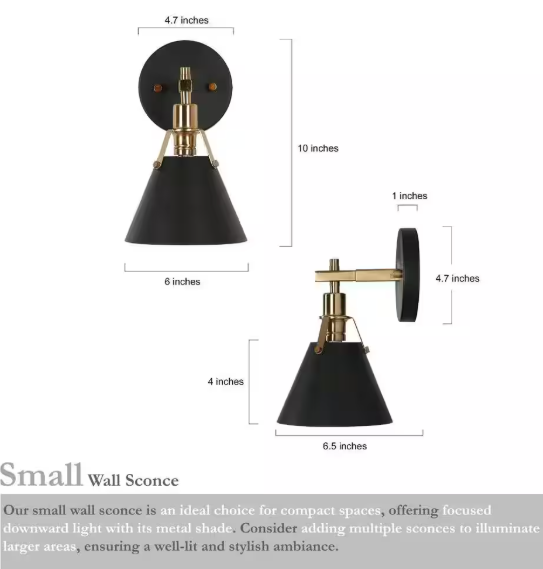 LNC Classic 6 in. 1-Light Black Wall Sconce with Open Bell Metal Shade and Plated Brass Finish Vintage Bathroom Vanity Light 2QB3UVHD14733S7