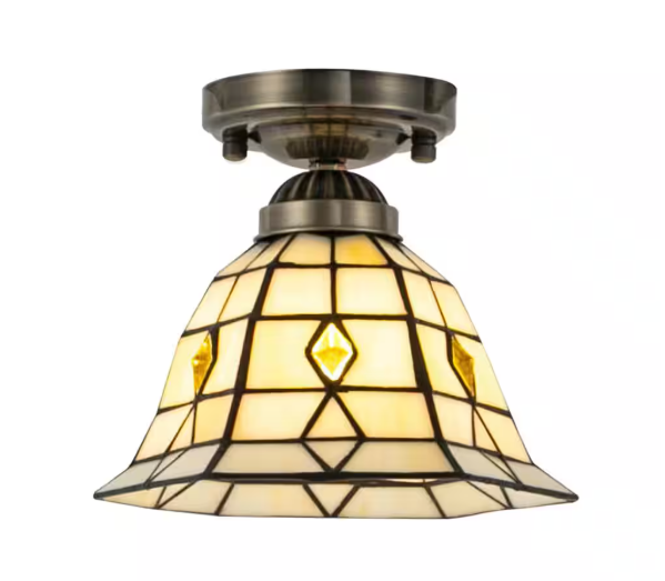 OUKANING 7.87 in. 1-Light Copper Vintage Semi-Flush Mount Ceiling Light with Beige Glass Shade for Hallways, No Bulbs Included JZUCE9-001100NS