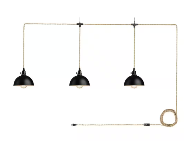 JAZAVA 3-Light Black Standard Shaded Hanging Lamps Pendant Light with Plug in Cord 29 ft. Twisted Hemp Rope Switch HDZYC49-3 BKDM