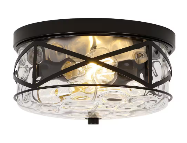 LamQee 12 in. 2-Light Black Flush Mount Water Ripple Glass Ceiling Light with Metal Frame 06FTL0235ABK