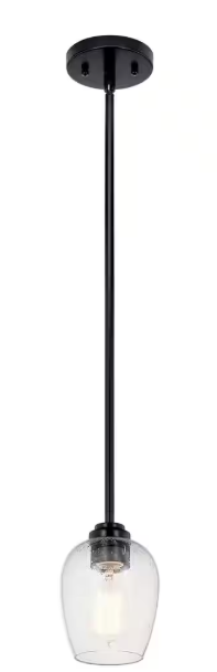 KICHLER Valserrano 1-Light Black Traditional Standard Kitchen Goblet Mini Pendant Hanging Light with Clear Seeded Glass 44380BKCS