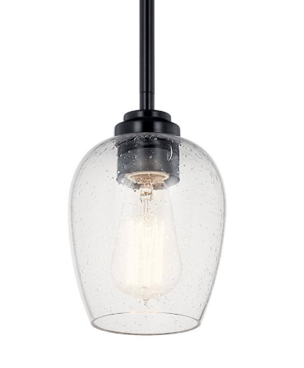 KICHLER Valserrano 1-Light Black Traditional Standard Kitchen Goblet Mini Pendant Hanging Light with Clear Seeded Glass 44380BKCS