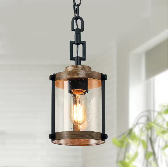 LNC Modern Farmhouse Brown Chandelier 1-Light 6 in. Black Drum Mini Island Pendant Light with Seeded Glass Shades 3IQUQNHD13508M6