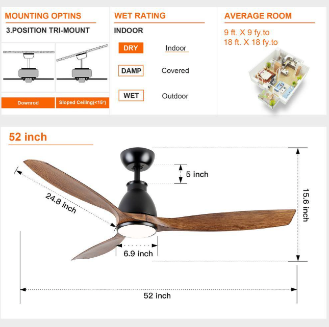YUHAO Charlotte 52 in. Indoor Black Distressed Wood Farmhouse Ceiling Fan with Integrated LED and Remote Control YHDC1137BKM52