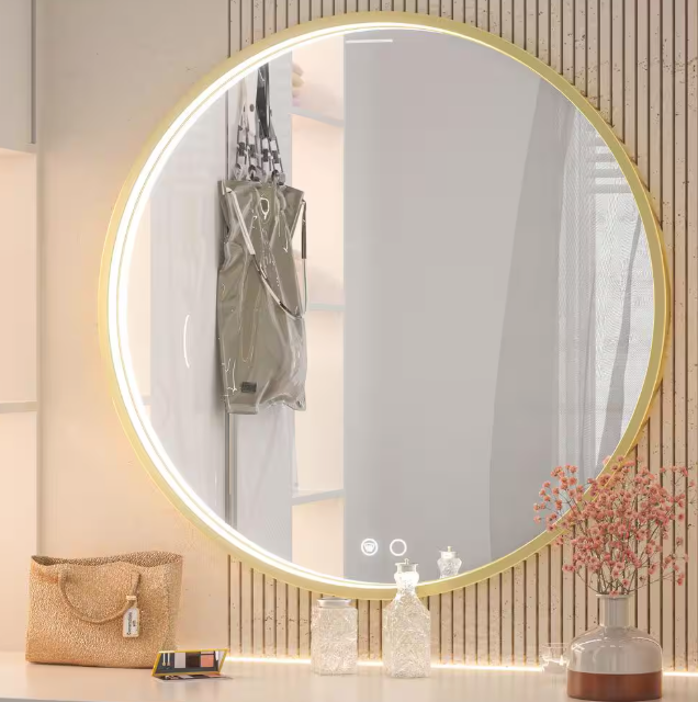 KeonJinn 28 in. W x 28 in. H Large Round Framed Metal Modern Wall Mounted Bathroom Vanity Mirror in Gold HD-CGSSW-R71-GD
