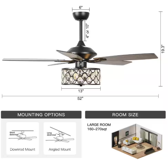 Matrix decor 52 in. Indoor Matte Black Crystal Chandelier Ceiling Fan with Light and Remote Control MDF6217BK110V