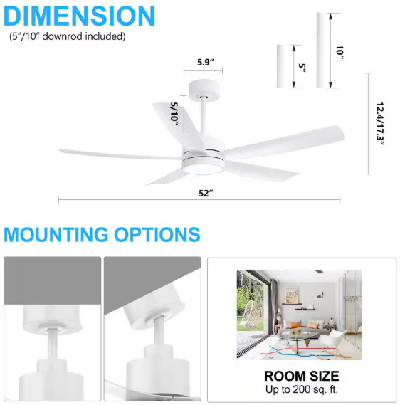 Breezary Blaine 52 in. Integrated LED Indoor White Ceiling Fan with Light and Remote Control Included 24028-AW