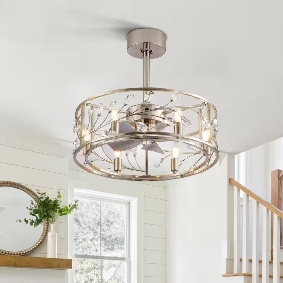 Breezary Blooming 20 in. Indoor Satin Nickel Crystal Ceiling Fan with Remote Control and Light Kit Included 23001-SN