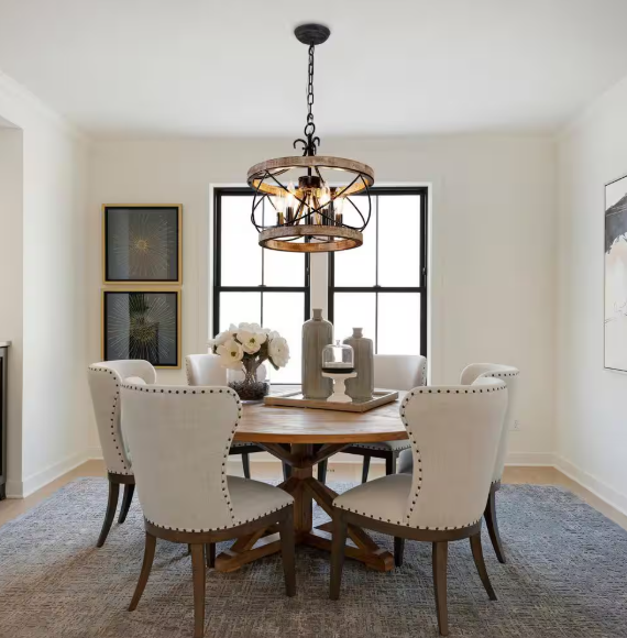 Oaks Aura Torres 5-Light Farmhouse Weathered Wood Cage Rustic Chandelier, Adjustable Industrial Pendant Light for Dining Room FC4065-5H