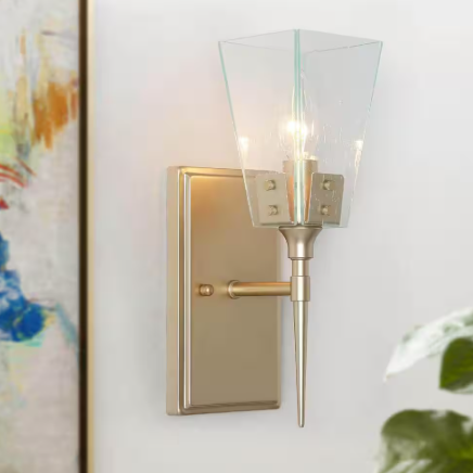 Uolfin Modern Funnel Bathroom Vanity Light 1-Light Gold Square Bedroom Wall Light with Seeded Glass Shade A7NVZNHD2796NJF