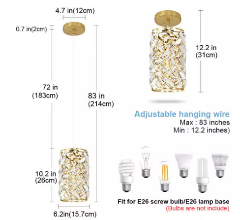 Deyidn Modern Metal Luxury 1-Light Gold Pendant Light Crystal Shape Chandelier for Kitchen Island Bulb Not Included