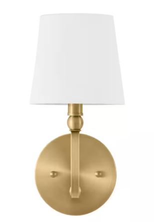 Hampton Bay Canterwood 1-Light Brass Indoor Wall Sconce Light Fixture with Tapered Fabric Shade C6371-BR