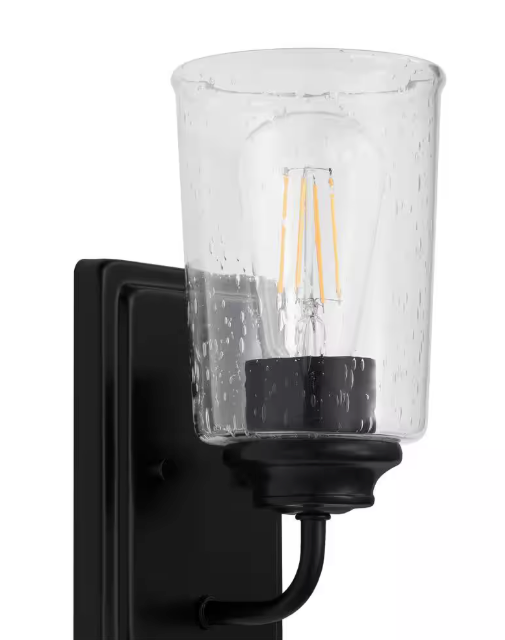 Hampton Bay Evangeline 4.5 in. 1-Light Matte Black Indoor Wall Farmhouse Sconce with Clear Seeded Glass Shade 1014HBMBDI