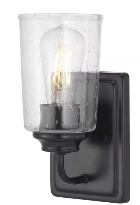 Hampton Bay Evangeline 4.5 in. 1-Light Matte Black Indoor Wall Farmhouse Sconce with Clear Seeded Glass Shade 1014HBMBDI