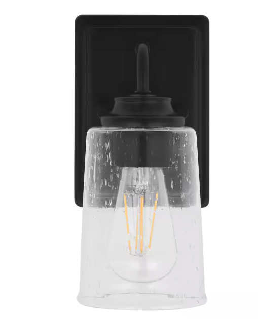 Hampton Bay Evangeline 4.5 in. 1-Light Matte Black Indoor Wall Farmhouse Sconce with Clear Seeded Glass Shade 1014HBMBDI