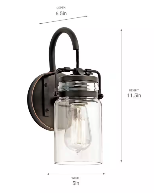 KICHLER Brinley 1-Light Olde Bronze Bathroom Indoor Wall Sconce Light with Clear Glass Shade 45576OZ