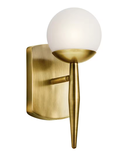 KICHLER Jasper 1-Light Natural Brass Bathroom Indoor Wall Sconce Light with Satin Etched Cased Opal Glass Shade 45580NBR