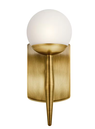 KICHLER Jasper 1-Light Natural Brass Bathroom Indoor Wall Sconce Light with Satin Etched Cased Opal Glass Shade 45580NBR
