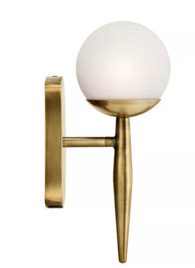 KICHLER Jasper 1-Light Natural Brass Bathroom Indoor Wall Sconce Light with Satin Etched Cased Opal Glass Shade 45580NBR