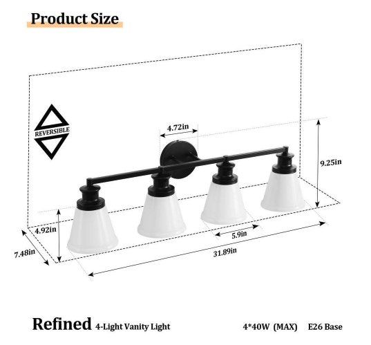 Kaisite 32 in. 4-Light Matte Black Modern Vanity Light with Milk White Glass Shade Farmhouse Bathroom Light Fixture Wall Sconce