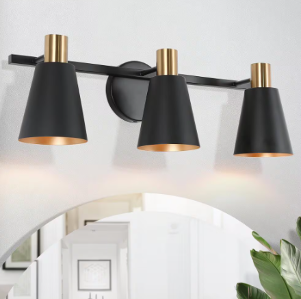 Uolfin Black and Plated Gold Bathroom Wall Sconce, 22 in. 3-Light Modern Bell Powder Room Vanity Light Fixtures over Mirrors D7E2EMHD24322FR