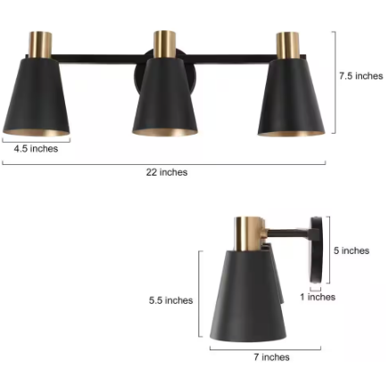 Uolfin Black and Plated Gold Bathroom Wall Sconce, 22 in. 3-Light Modern Bell Powder Room Vanity Light Fixtures over Mirrors D7E2EMHD24322FR