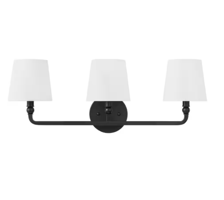 Hampton Bay Canterwood 24.88 in. 3-Light Black Bathroom Vanity Light Fixture with Tapered Fabric Shades C6373-F
