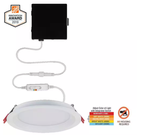 Commercial Electric Slim Baffle Integrated LED 6 in Round Adj Color Temp Canless Recessed Light for Kitchen Bath Living rooms, White 91479