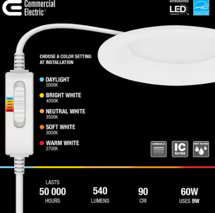 Commercial Electric Slim Baffle Integrated LED 4 in Round Adj Color Temp Canless Recessed Light for Kitchen Bath Living rooms, White