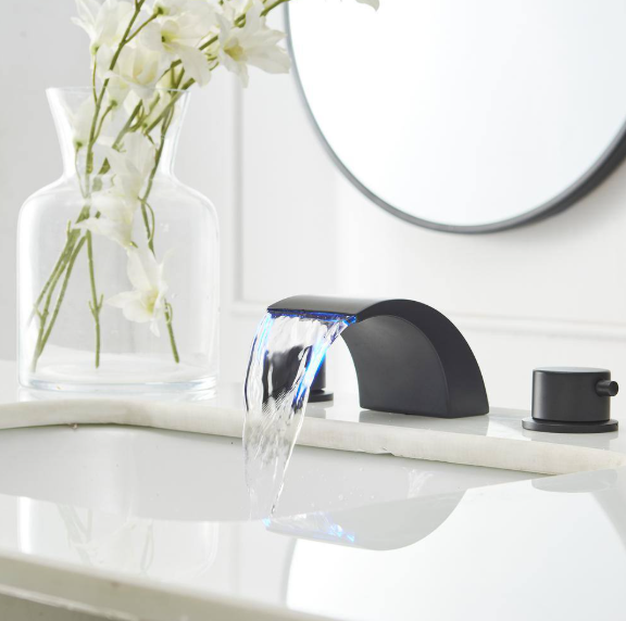 8 in. Widespread Double-Handle 3 Holes Bathroom Faucet with LED Light, Sink Faucet with Pop Up Drain in Matte Black K-B6012SB-1