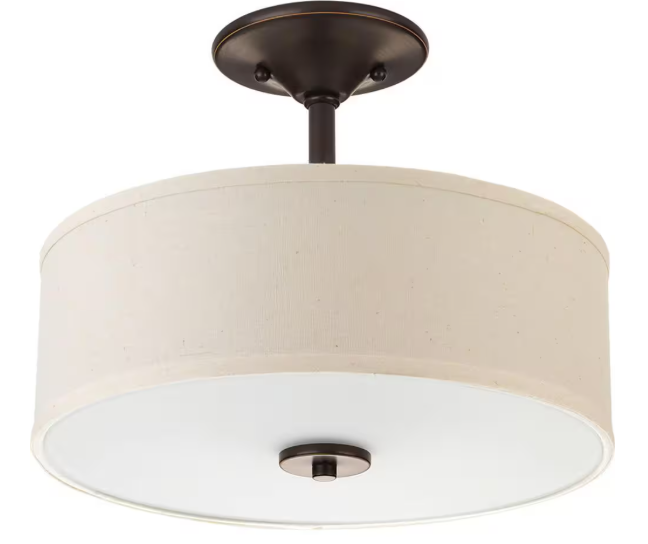 Progress Lighting Inspire Collection 13 in. 2-Light Antique Bronze Transitional Semi-Flush Ceiling Mount with Off-White Linen Shade P3712-20